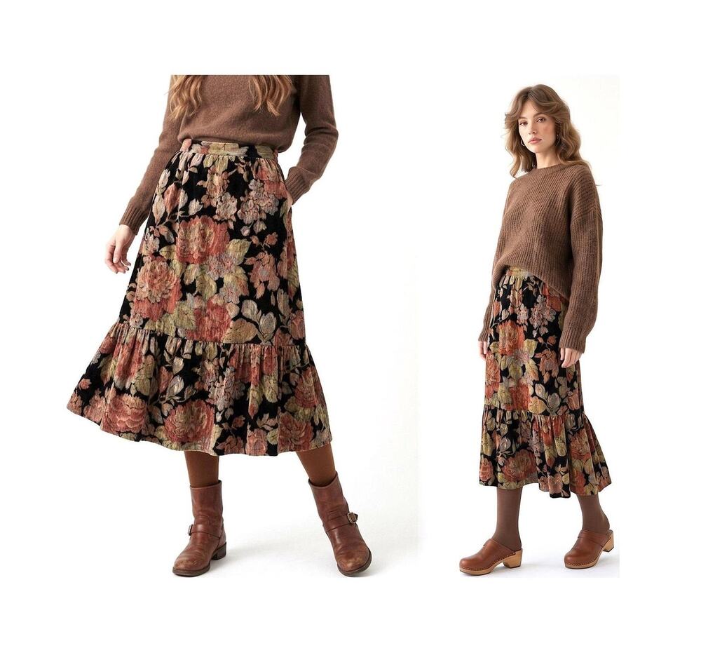 70s Strawberry Plant Velvet Floral Skirt Dorothy Schoelen Midi Ruffle Hem XS
